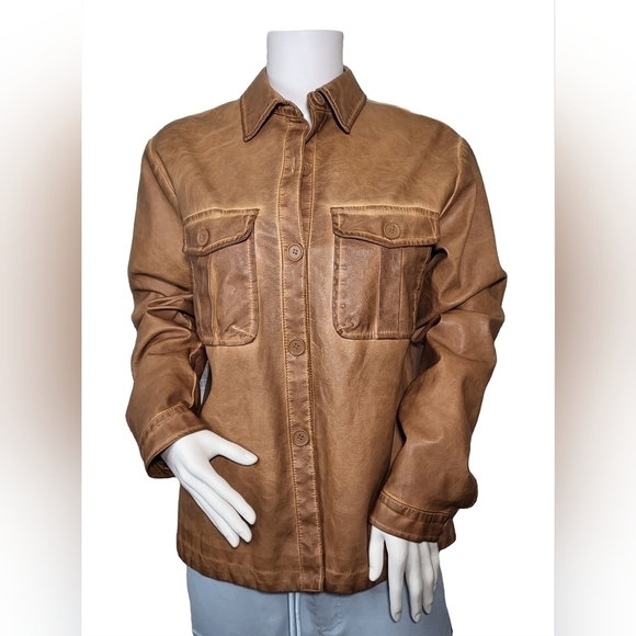 MAX STUDIO Western Style Shacket Shirt Jacket Fully Lined PU Leather Women's M - Picture 1 of 8